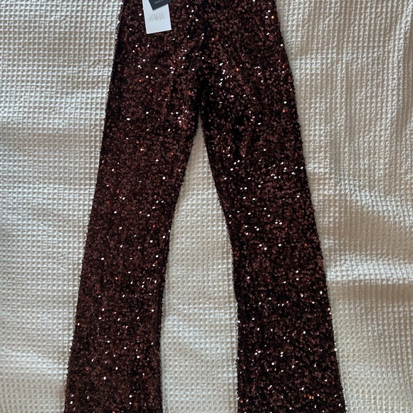 Zara Flare Velvet Sequin Pants / Leggings - Dark Brown - Picture 6 of 7